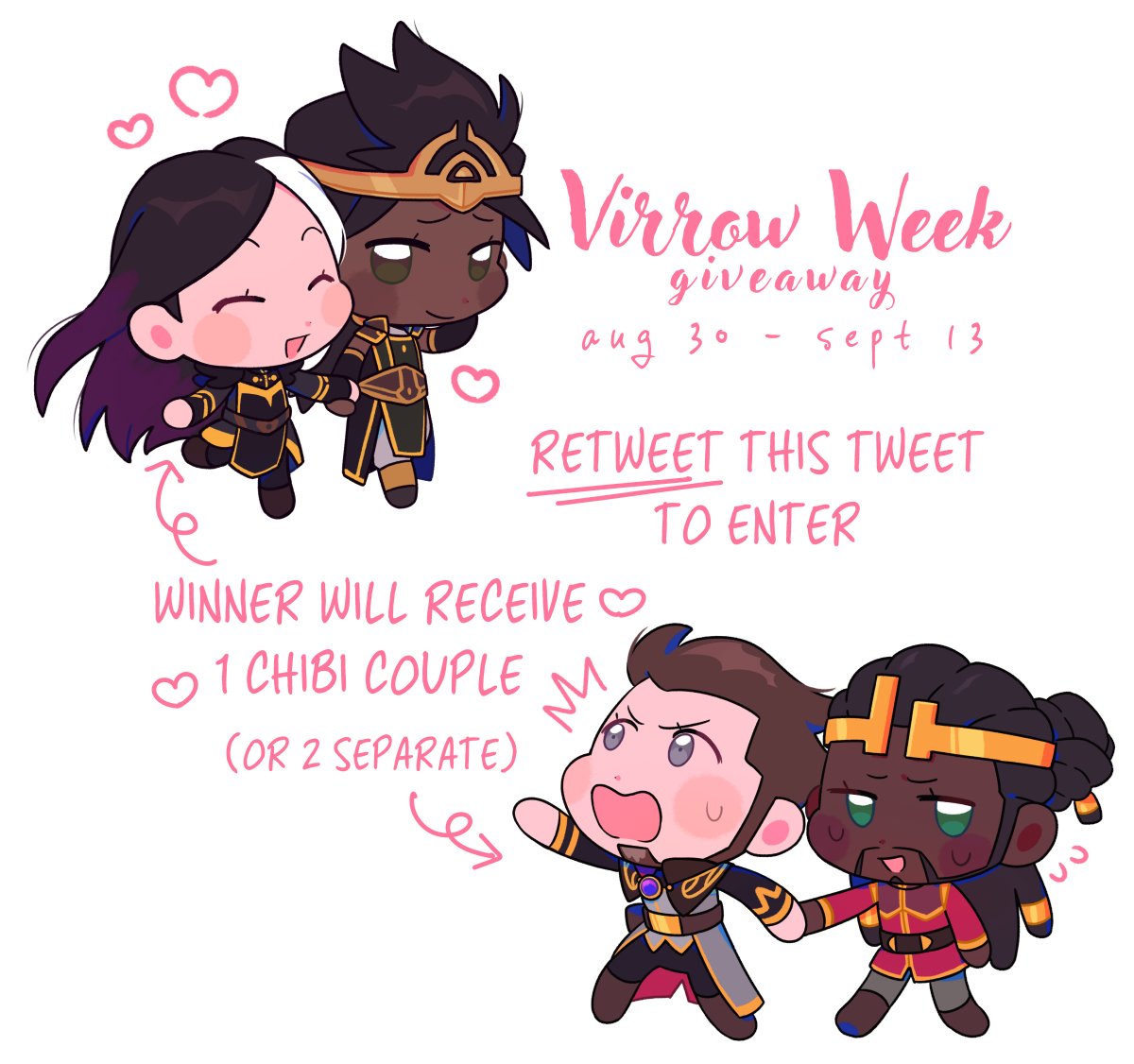 ✨VIRROW WEEK ART GIVEAWAY✨
i've wanted to do another one of these for a long time!

RT this tweet to be entered for the chance to win a chibi couple art from me 💕 no follow required! will end on sept 13th, the first day of virrow week!

🔽 more details below 🔽