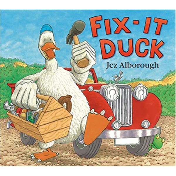 No.50   #LibraryTop50  @JezAlborough uses 3 words but conveys so much emotion in Hug, about a chimp who loses his mum. Nothing stops Fix-It Duck! With page designs inspired by comic-book panel layouts, Jez colours his ink drawings in marker pens. 45+ books!   http://jezalborough.com 