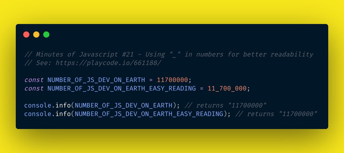 <Minutes Of Javascript>(#MOJ) - Episode 21 Did you know you can enhance readability in numbers by using '_'? 🙌 Code here: playcode.io/661188/ #webdev #javascript #CodeNewbies #js #NodeJS #100DaysOfCode