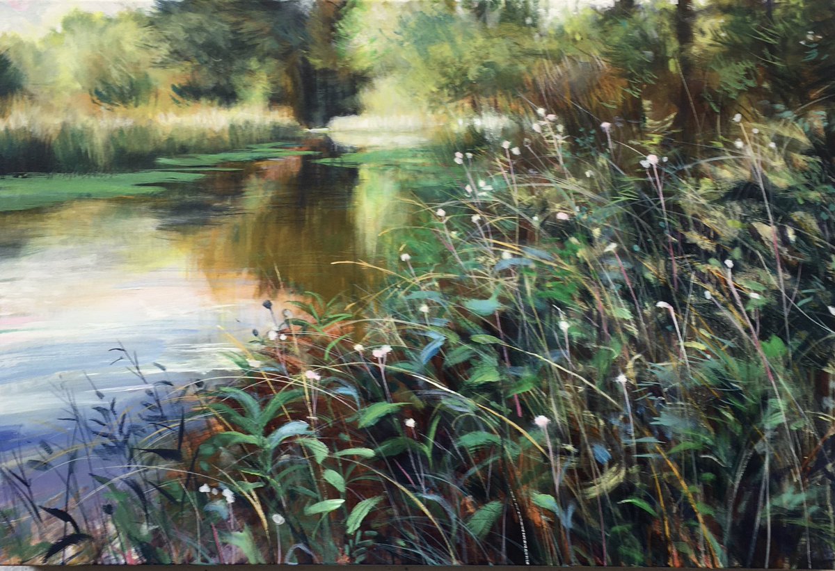 ‘Fluita Eupa’ #acryliconcanvas 76x51cm (the latest rework) will be putting in an appearance at our #bullmillstudio #openstudio #exhibition 5+ 6 September. #riverwylye #chalkstream #troutstream #wiltshire #wiltshirelandscape #hempagrimony #riverbank #riverside #reedbed #reflection