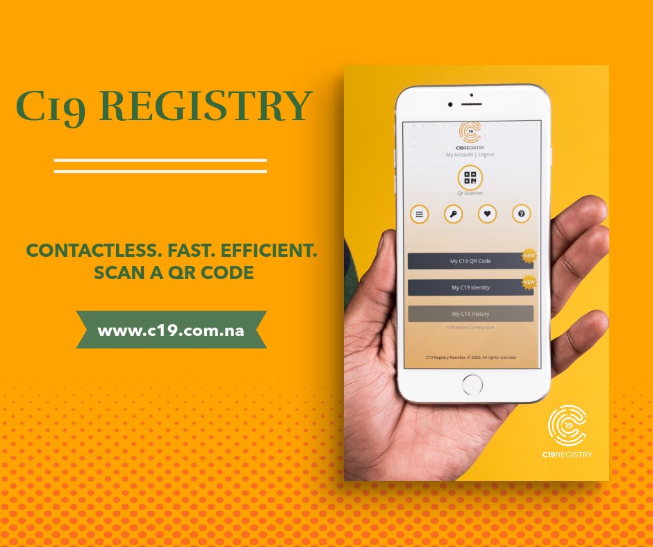 IntouchNam's tweet image. C19 Registry is a digital solution that ensures a quick, efficient and CONTACTLESS registration process using only YOUR PHONE!

Visit 19.com.na today, register and only scan QR code at various offices and shops in Namibia!

#C19_Registry #Digital_solution #Registry
