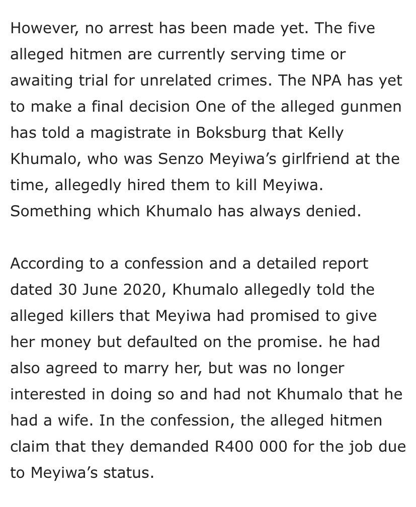 AllTheRage_SA's tweet photo. Full Article Below: “Senzo Meyiwa’s Killers implicate Kelly Khumalo as the Mastermind”

Thoughts? https://t.co/MjHJWxWPwU