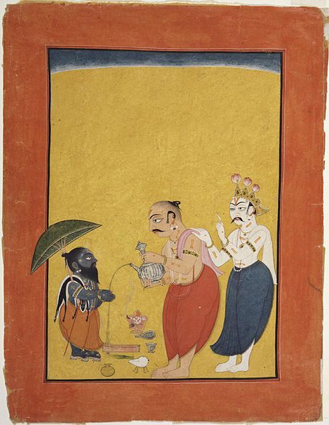 For all that nonsense about 'Aryan' Vamana and 'Dravidian' Mahabali.Here is a pre-modern painting from Mankot (c.1700)The dark skinned dwarf is beautiful Vamana. And the Brahmin with choti in the painting is none other than Mahabali. Mahabali was descendant of Rishi Kashyapa