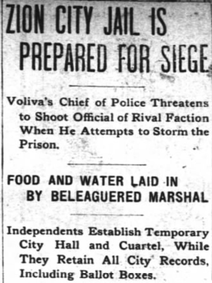 Voliva's illegitimate police chief barricaded himself in the jail with enough food to last a siege, leading to an armed standoff with the real police chief, who asked him to please come out of there without murdering anyone.