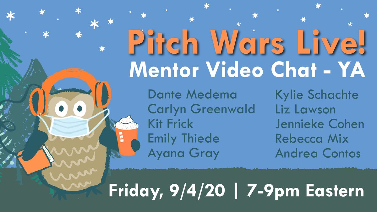 Sarah_Nicolas's tweet photo. Tonight's #pitchwars mentor video chat features YA mentors: @DanteMedema @CarlynGreenwald @kitfrick @ethiedee @AyanaGray @KylieSchachte @LzLwsn @Jennieke_Cohen @mixbecca @Andrea_Contos
Tune in to #PWLive at 7pm Eastern: https://t.co/t0djjz92p4 https://t.co/b4EYexoQ6z