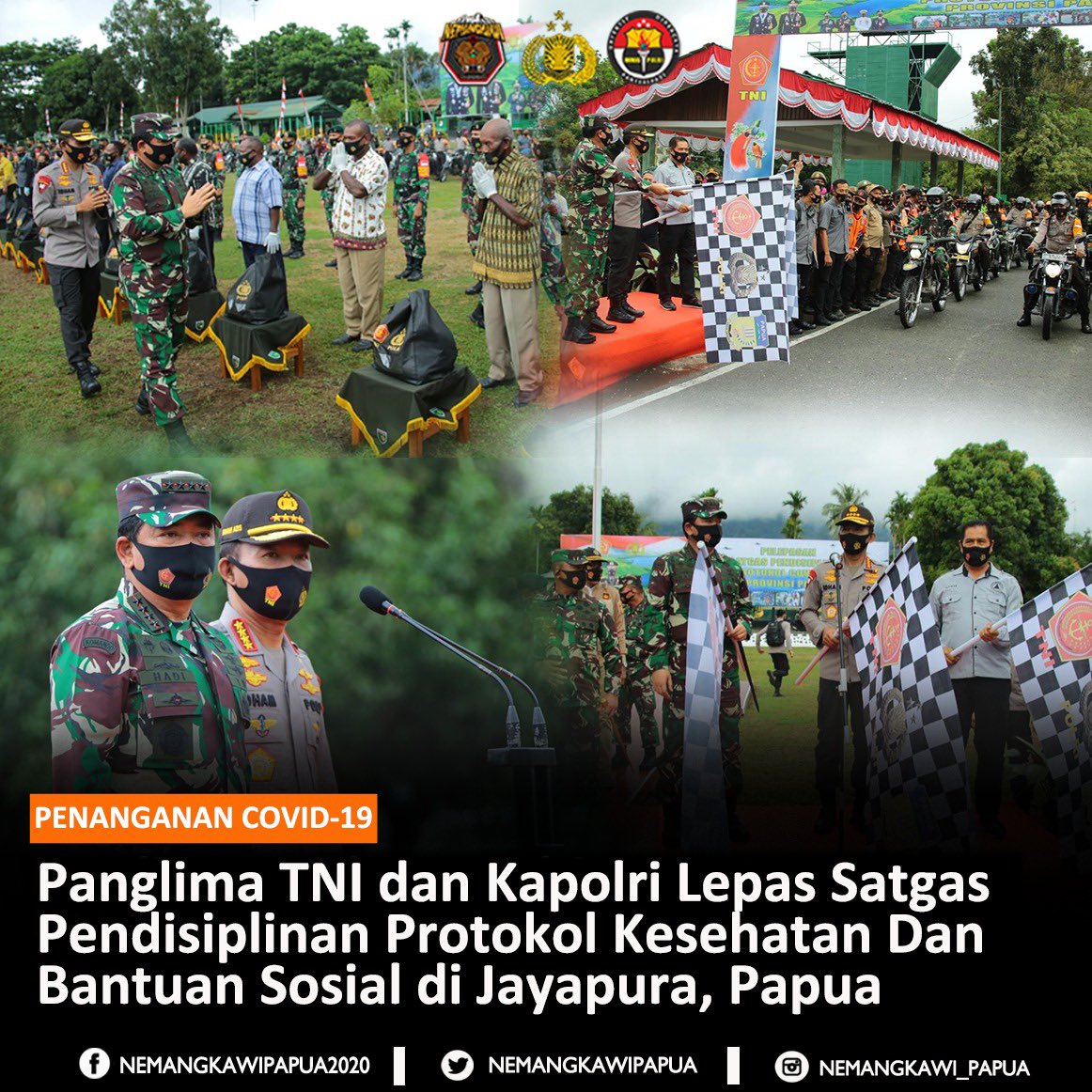 HumasPadang's tweet photo. Panglima TNI dan Kapolri Lepas Satgas Pendisiplinan Protokol Dan Bantuan Sosial di Jayapura

https://t.co/AJ6v9Mzn6w

#Sosialisasi3MPolri https://t.co/2N41ttftoK