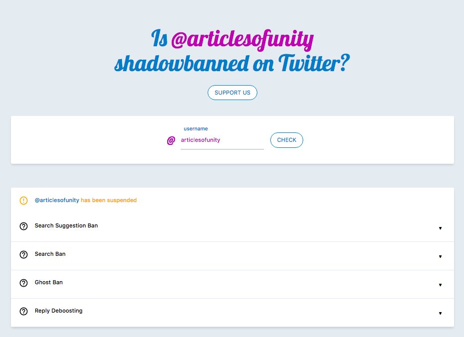 18. Just checked  http://shadowban.eu . It’s still showing ArticlesOfUnity as suspended.  https://shadowban.eu/articlesofunity Archive as of now:  https://archive.vn/5tkSJ 