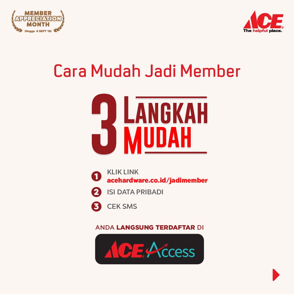 ACEIndonesia's tweet photo. ACEs belum jadi member? Daftar lalu ikuti 3 langkah mudahnya dan dapatkan keuntungannya. Langsung saja daftarkan diri Anda di https://t.co/n1wE8VwSGx !β£
β£Geser ke kiri untuk melihat berbagai manfaat jadi member ACE Access dan ACE Rewards. π#ACEMember #ACEAccess #ACERewards https://t.co/vlUiJIYY30