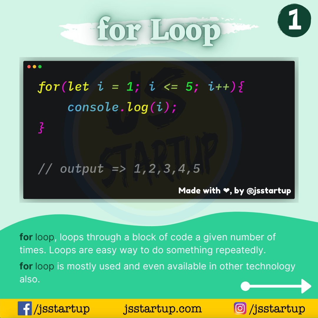 jsstartup's tweet photo. Hey folks, Sunday special is here so this week goes to javascript tutorial 😎 (types of for) #javascript #tutorial #tip #trick.
🎉🎉 JavaScript `Types of for Loops` 🎊🎊
For all images visit our Fb Page.
#js #tips #tricks #tutorial #learn #for #forof #forin #typesoffor https://t.co/rqbVJCdbPh