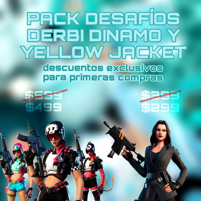 para las personas que compren por primera vez tienen un descuento imperdible en los siguientes packs: asi que aprovechen! 
#Fortnite #FortniteSeason4 #yellowpack #packderbi