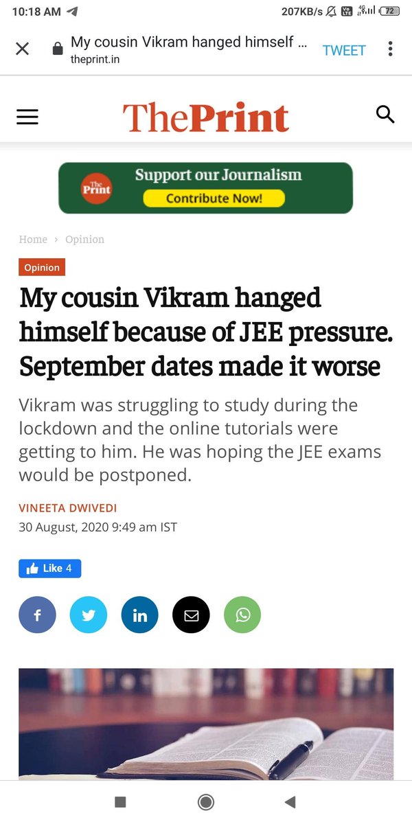 dpksoni__'s tweet photo. OMG 😠😠😠😠😠😠

Another sucide by JEE student. 

Dr @Swamy39  jee u were right, u already said earlier if JEE/NEET imposed then many sucide will come. It's going to be true. 

Plzzz stop these sucide @narendramodi jee. 

@MamataOfficial
@CMODelhi
#Mann_Ki_Nahi_Students_Ki_Baat https://t.co/aOWjkfTibP