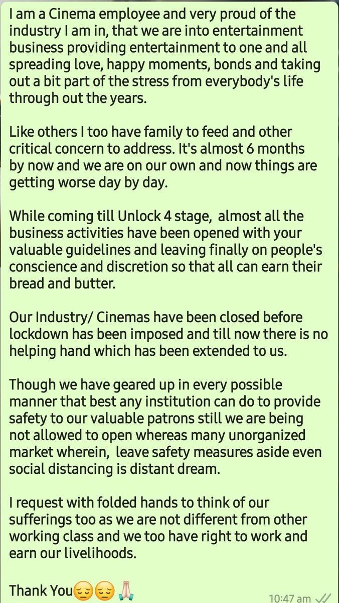 Wisdom_in_Peace's tweet photo. @PMOIndia @nsitharamanoffc @nsitharaman @AmitShahOffice @AmitShah  @MAofIndia #SupportMovieTheatres 

I request wid folded hands to think of our suffering's too, as we are not different from other working class &amp; we too have right to work and earn our livelihoods. 
Thank You😔🙏🏻 https://t.co/qvZxUxSM4i