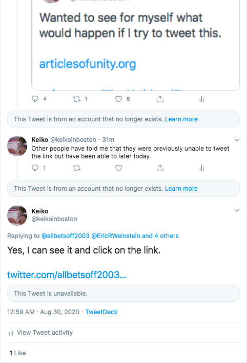 19. Geez, what is happening. I just had an exchange with one of my followers who saw this thread & tweeted the articlesofunity website. I’ve interacted with them since Jan 2019 & have no reason to believe they are a foreign influence account. Their account is now gone. 