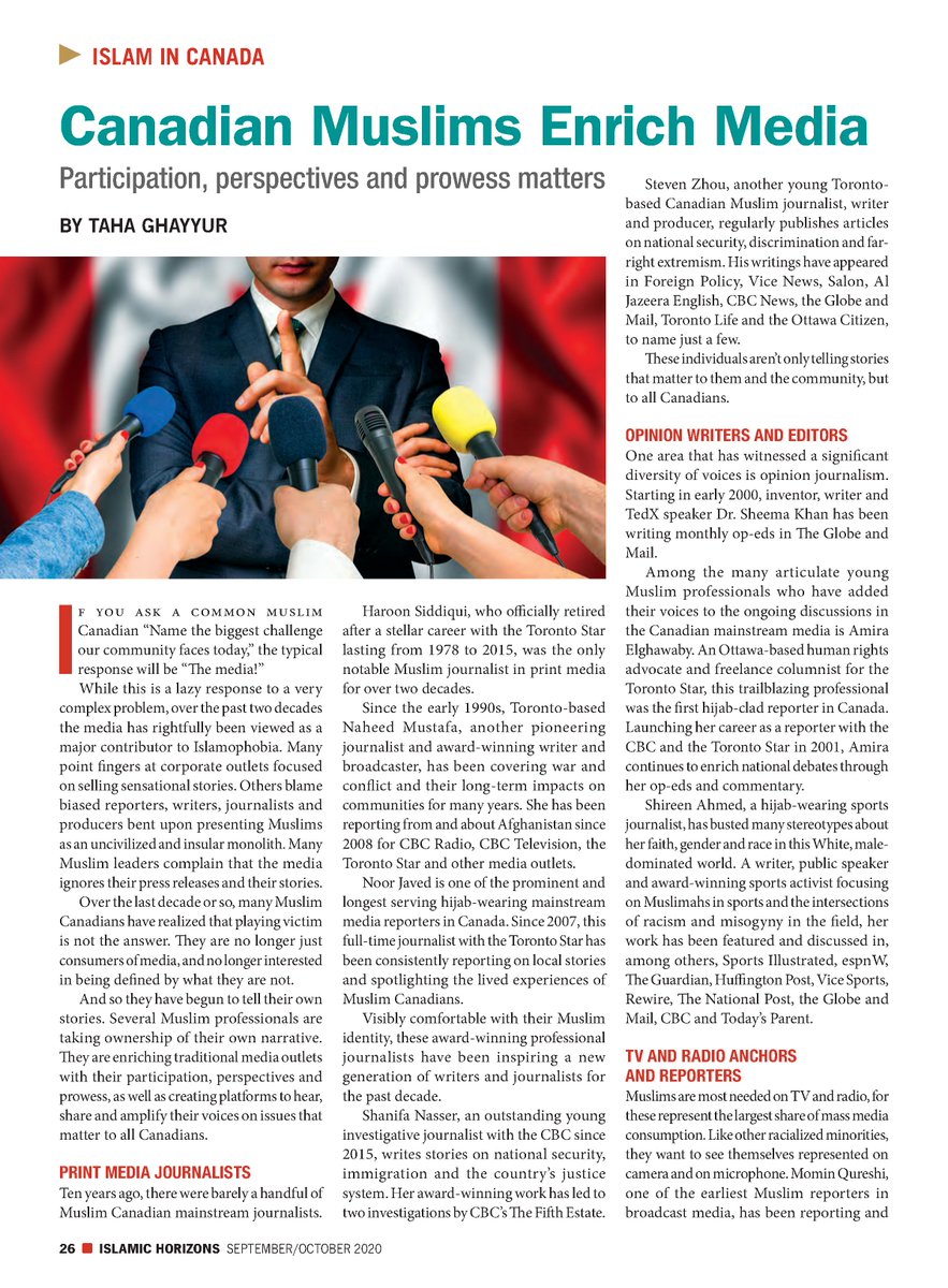 tahaghayyur's tweet photo. Contributed a piece in @ISNAHQ Islamic Horizons highlighting the contributions of incredible Canadian Muslim media professionals & journalists over the last 2 decades. #CanadianMuslims #MuslimMedia #MuslimWriters #MuslimJournalists https://t.co/PMtM5sPDwW