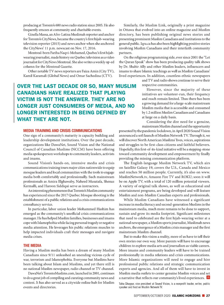 tahaghayyur's tweet photo. Contributed a piece in @ISNAHQ Islamic Horizons highlighting the contributions of incredible Canadian Muslim media professionals & journalists over the last 2 decades. #CanadianMuslims #MuslimMedia #MuslimWriters #MuslimJournalists https://t.co/PMtM5sPDwW