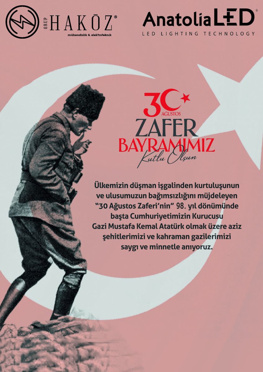 30 AĞUSTOS ZAFER BAYRAMIMIZ KUTLU OLSUN.
<a href="/AnatoliaLed/">AnatoliaLED</a>
<a href="/Hakoz_Muh41/">HAKÖZ MÜHENDİSLİK</a>
#30AgustosZaferBayramimizKutluOlsun 
#ledlidirek #led #ledaydınlatma #görselaydınlatma #aydınlatma #görsellik #kocaeli #dekoratifkorkuluk #ledlikorkuluk #ışıklıkorkuluk #marmara #Türkiye