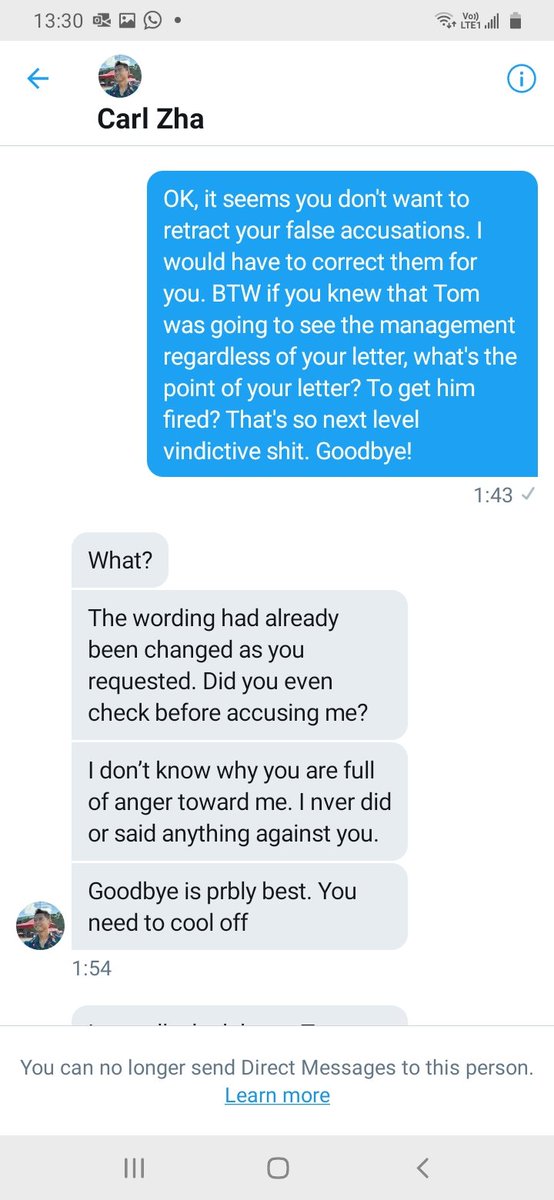 Why would anyone set out to end another man's career using his big followers base? Carl already knew that Tom would attend a disciplinary hearing and yet he decided to write his open letter filled with errors and based completely on assumptions to CGTN. For what? Oh I am blocked