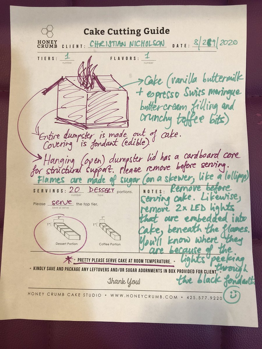 k8em0's tweet photo. For the artistry & engineering Carla (@honeycrumbcakes ) put into the 1st ever #DumpsterFireCake , check out the elaborate & lovely instructions on what parts are edible & the cake & frosting flavors.
#cDc sign is another level of genius.
#DumpsterFire
#EverythingIsCake https://t.co/3wLZwRfcCt