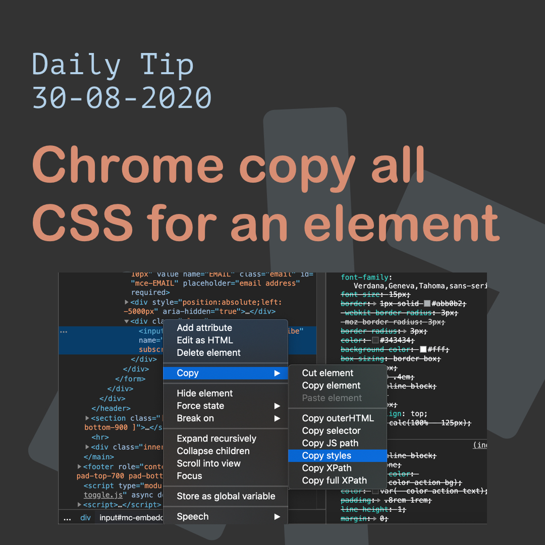 DailyDevTips1's tweet photo. Tip for 30-08-2020: Chrome copy all CSS for an element
 
https://t.co/2UCRbMEbwQ https://t.co/FaHhMc2oXE