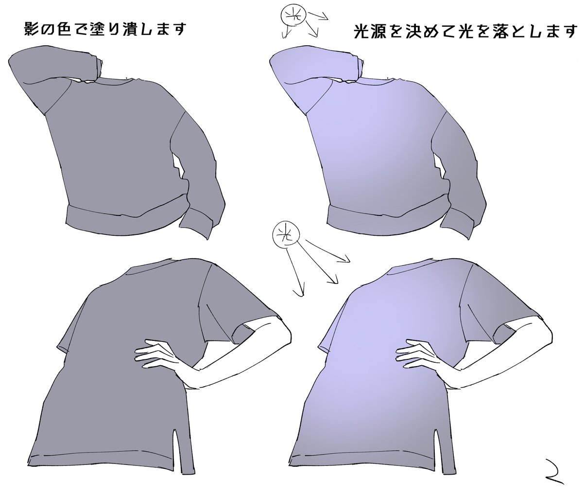 長くなりましたが、大体こんな感じです。影を描くのが苦手なので、服に限らずこういう光を落として影を作るというやり方が多いかもです。全部ではないですが…参考になれば幸いです 