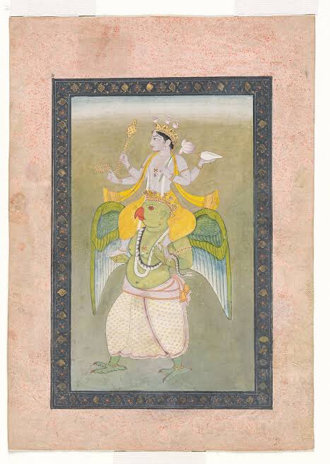 This is a pahari style Painting from north India. They had interesting takes on mythology. Like this one of Vishnu literally sitting on a humanoid Garudas shoulders. Who is also walking and not flying. Doubt true falsology will ever use this as a reference anytime soon..  https://twitter.com/tiinexile/status/1299923036435394561