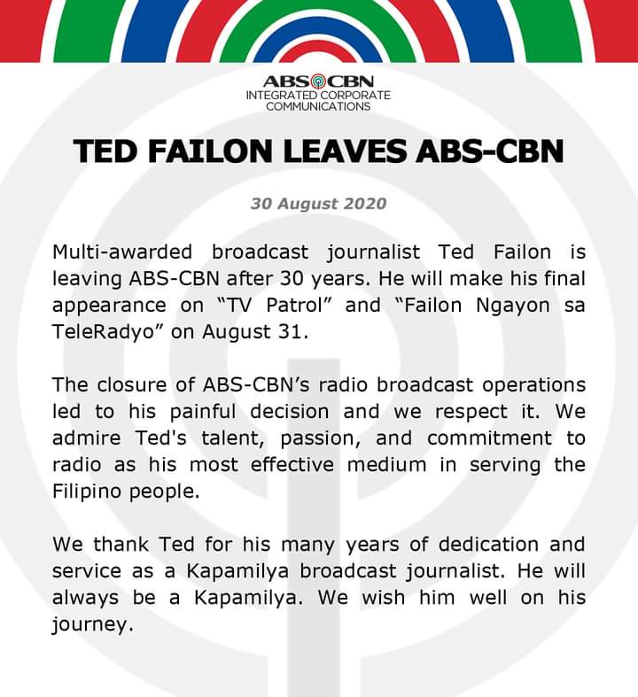 Kpn_nation2's tweet photo. Ted Failon Leaves ABSCBN after 30 years.
Maraming Salamat, Manong Ted sa inyong paglilingkod sa ating mga Kapamilya. 💔💙💚 https://t.co/x5BbDbTuPC