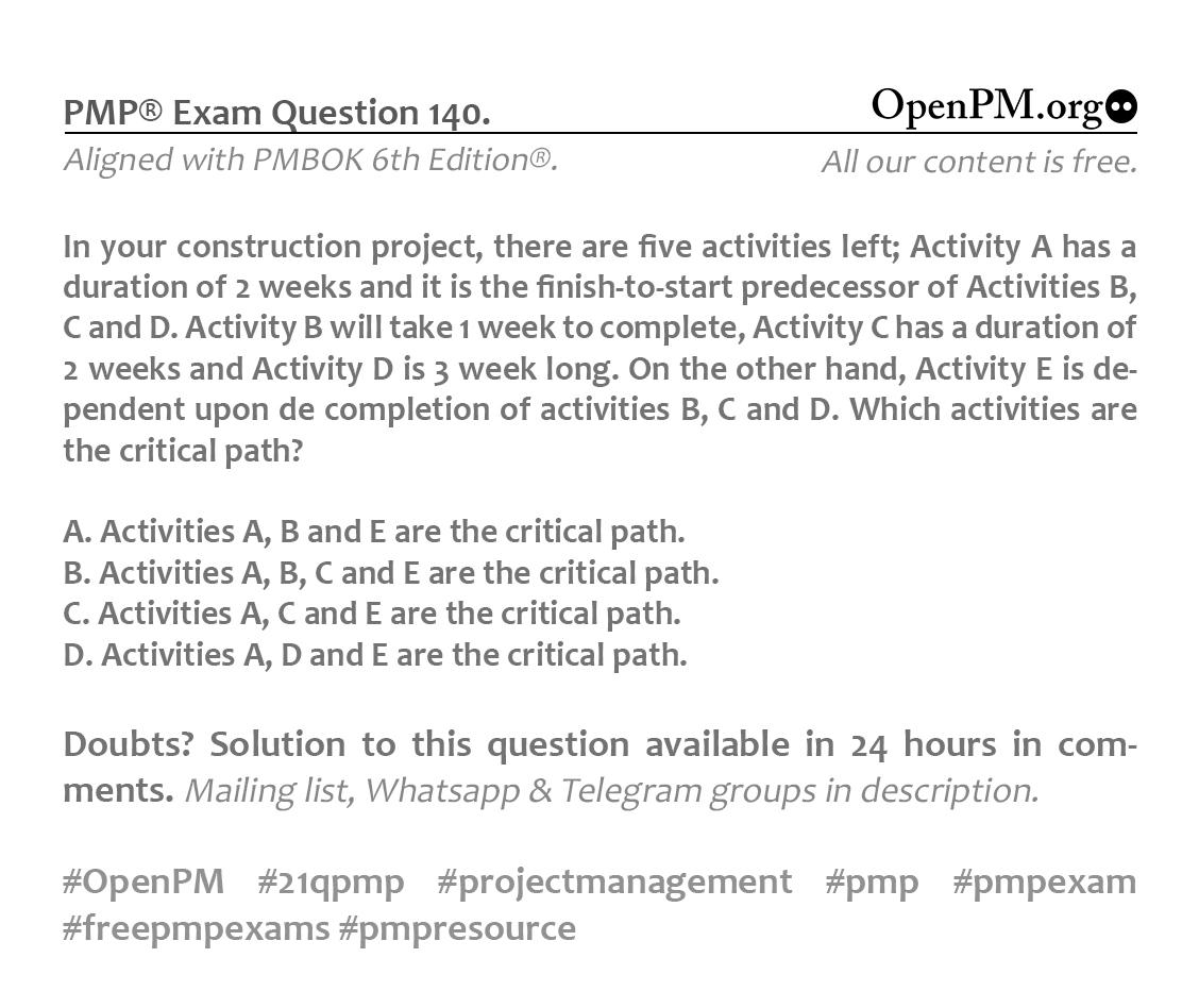 OpenPMorg's tweet photo. PMP® Exam Question 140.

Enjoy our weekly FREE PMP® Exam Questions in Mailing list, Whatsapp or Telegram.

Mailing list:
https://t.co/pnJ8Urn12J

Whatsapp:
https://t.co/W2fpCpAlPi

Telegram:
https://t.co/eeEW1C15MT

Cheers

#openpm #pmi #projects #projectmanagement #pmp https://t.co/9MzE5pEcWw
