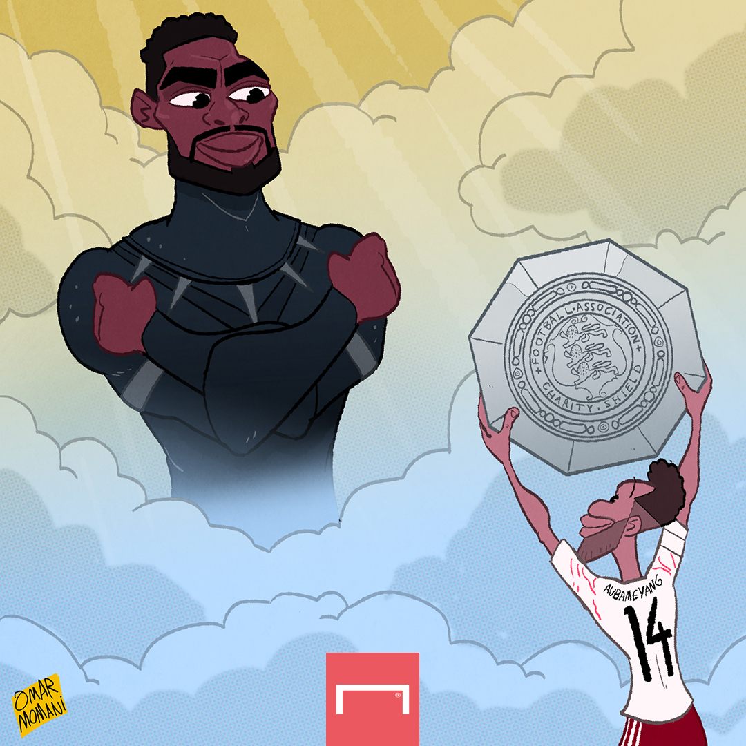 goal's tweet photo. Pierre-Emerick Aubameyang dedicates Arsenal's Community Shield win to the late Chadwick Boseman ❤️ https://t.co/XvIVfdKHRg