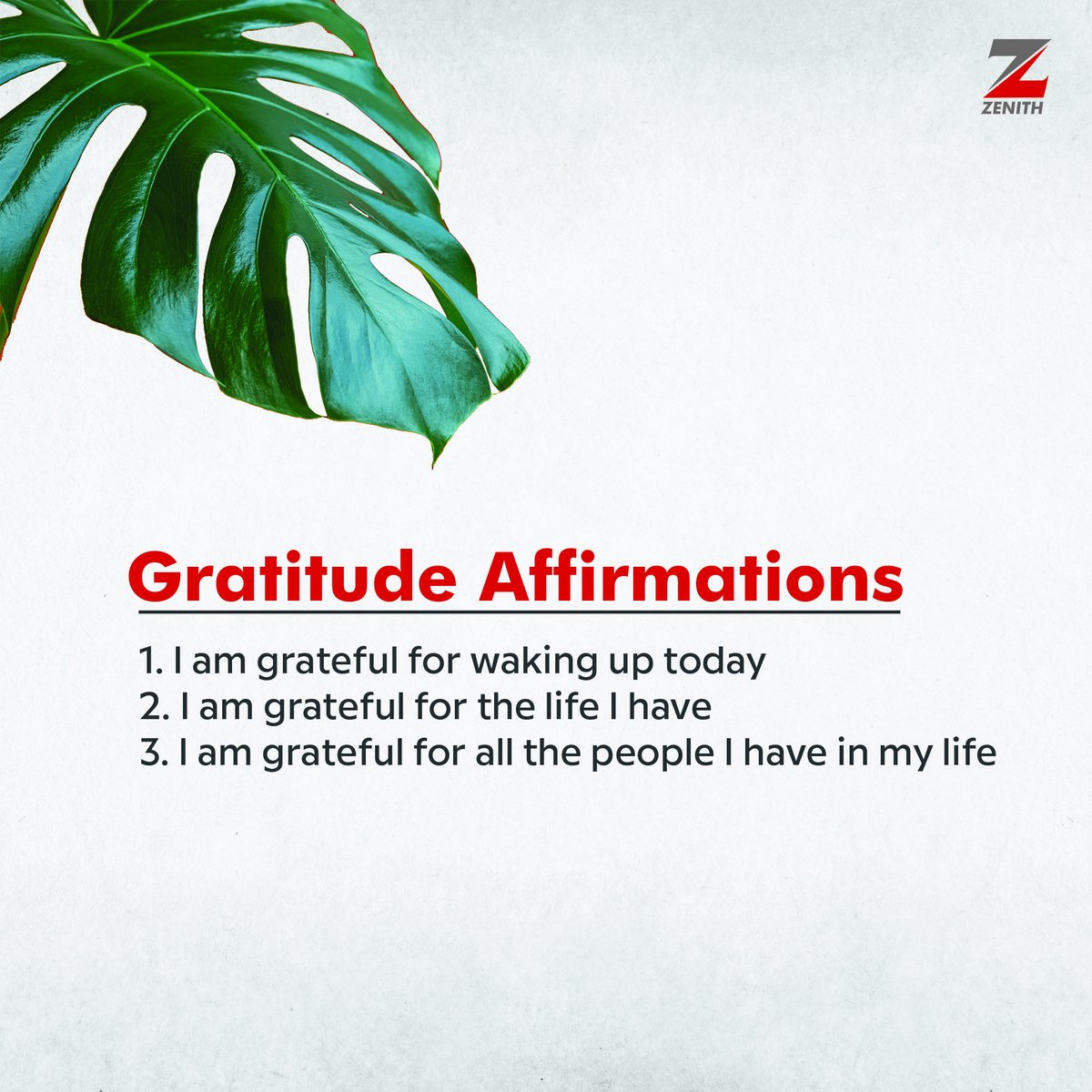 ZenithBank's tweet photo. Our minds are more powerful than we think. Here are a few positive affirmations to start the day with. 

What else are you grateful for? 

#MindPower #SundayMorning #ZenithBank https://t.co/oLrsu8TeHo
