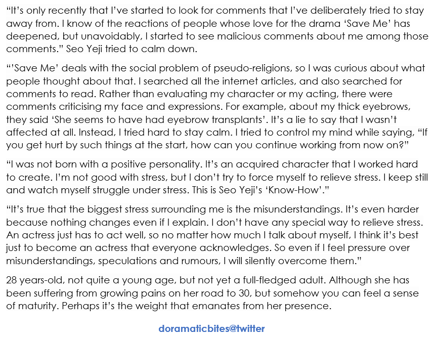 [Eng Trans] 2017  #SeoYeji WomenSense Interview (1/2)One of the most incredible interviews I've read of her. It's heartbreaking, but also gives deep insight into her perseverance and ways of thinking. Please do read the whole thread 