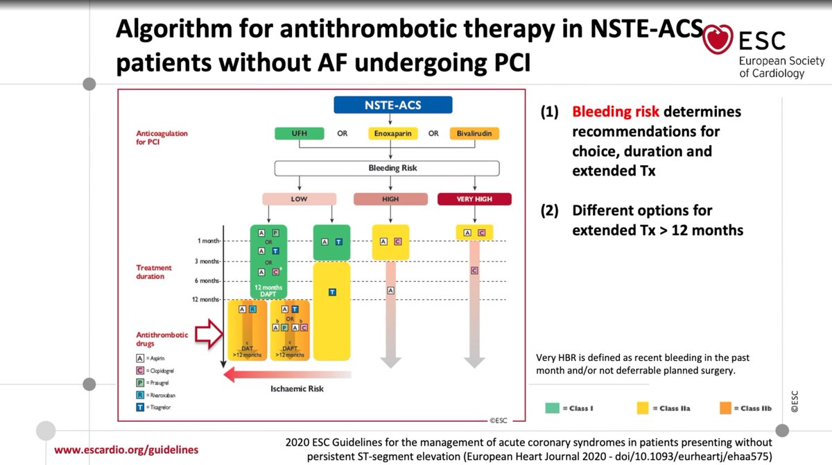 7/ Treatment combinations in patients with AF / duration of treatment:- Bleeding risk determines, initially, the strategy.- Ischemic risk may determine duration (particularly long term) of DAPT.- DOAC+ p2Y12i combination of choice in AF