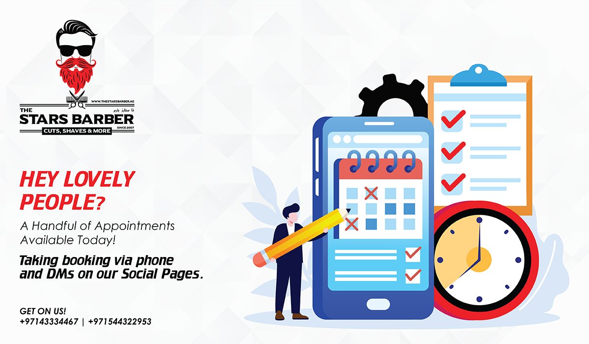 TSBDubai's tweet photo. HEY LOVELY PEOPLE?
A Handful of Appointments Available Today!

Taking booking via phone and DMs on our Social Pages.

#thestarsbarberuae #barber #haircut  #dubai  #hairstyle #instastyle #instago #instafresh #instagood #manicure #pedicure #facial #bodywaxing #bodyshaving #pamper https://t.co/fd2UewaOqY