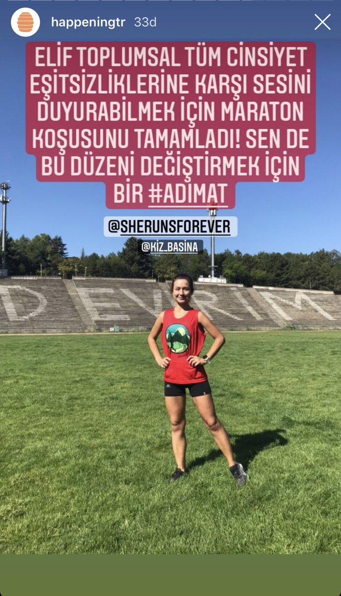 instagram.com/stories/happen…

@icydumuzi Elif Numanoğlu bugün Devrim Stadyumu’nda maraton koşan ilk kadın oldu, bunu da toplumsal cinsiyet eşitsizliğine dikkat çekmek için yaptı. Ne diyon bu işe?