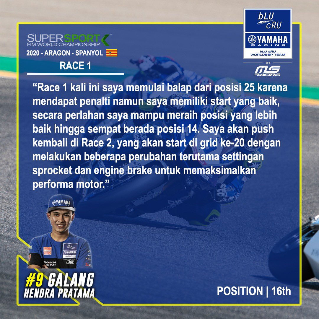 🗣 : Galang Hendra Pratama, #AragonWorldSBK Race 1 !
.
“Race 1 kali ini saya memulai balap dari posisi 25 karena mendapat penalti namun saya memiliki start yang baik, secara perlahan saya mampu meraih posisi yang lebih baik hingga sempat berada posisi 14.