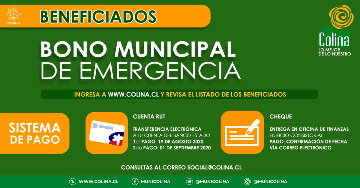 #BonoMunicipalDeEmergencia
Si eres beneficiario del Bono Municipal de Emergencia, elige tu forma de pago: CuentaRUT con depósito electrónico o cheque. Recuerda realizar este trámite antes del lunes 31 de agosto para recibir este apoyo del municipio.
<a href="/mario_olavarria/">Mario Olavarría R.</a>
