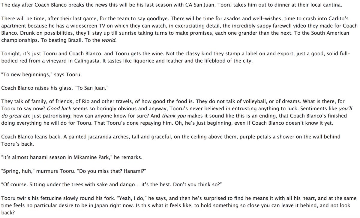 a sob broke out of me. i'm glad i have tissues at hand i just... mentorship. the bonds. 402 and the narration of how oikawa followed his mentor and stayed there but here the mentor is moving on and oikawa deliberates. that entire! paragraph! where he analyzes the usage of