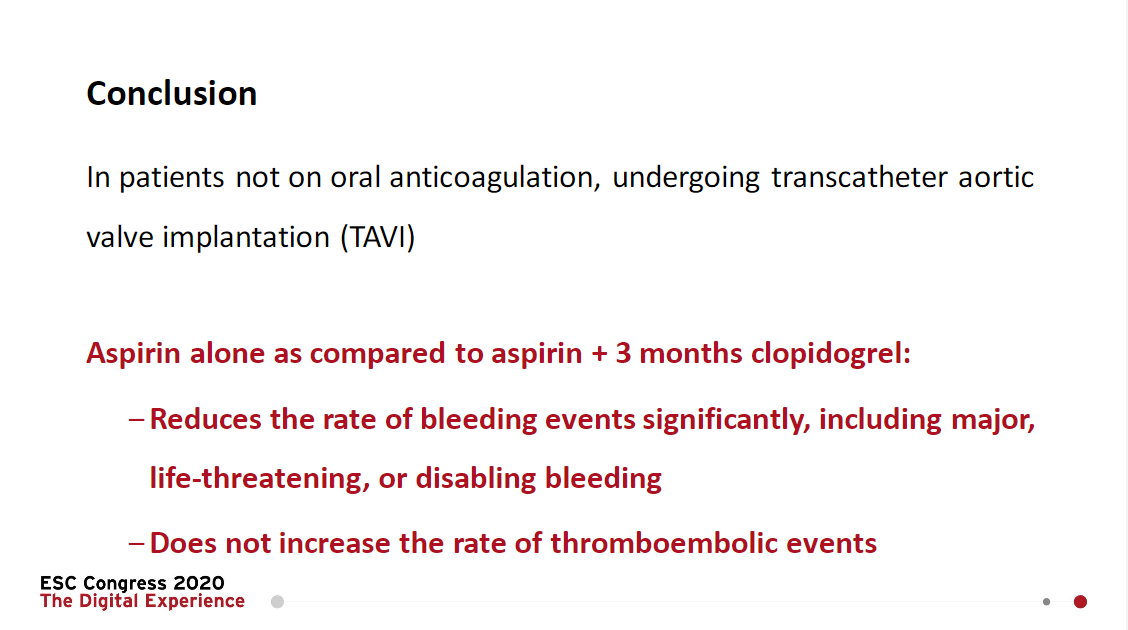 escardio's tweet image. #POPULAR TAVI trial: aspirin alone after #TAVI reduces bleeding events and does not increase the rate of #thromboembolic events bit.ly/3aSjCQC

#ESCCongress