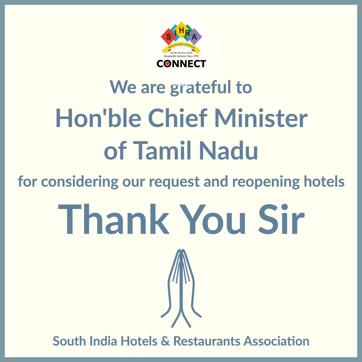 SIHRAOfficial's tweet photo. Our sincere thanks to Hon Chief Minister of Tamil Nadu for considering our request and reopening hotels in TN
#EdappadiPalaniswami https://t.co/EjzAyw4jYQ