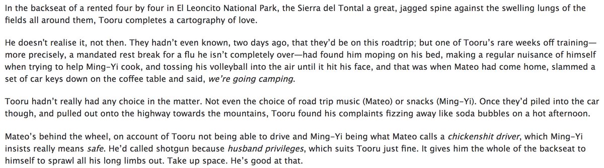 THIS FIC. INCLUDES. A. ROAD. TRIP. I *swoons*but also at this point i would love to read like 5 fics on mateo and ming-yi because i love them. or 7 fics on just slice of life daily things with mateo & ming-yi and their oikawa