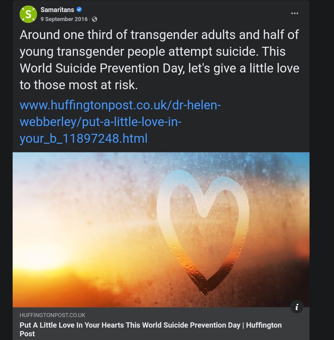 There is nothing in Samaritans guidelines which states its bad to talk about things which have led to suicide for people. It's literally 90% of what suicide prevention even is.The transphobia jk Rowling endorses and takes part in is absolutely killing children.