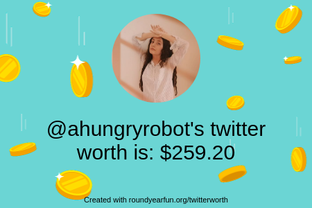 ahungryrobot's tweet photo. My Twitter worth is: $259.20

Find yours with https://t.co/Ek6NN3bJzl

⠀ https://t.co/d6tCSQfE6Z