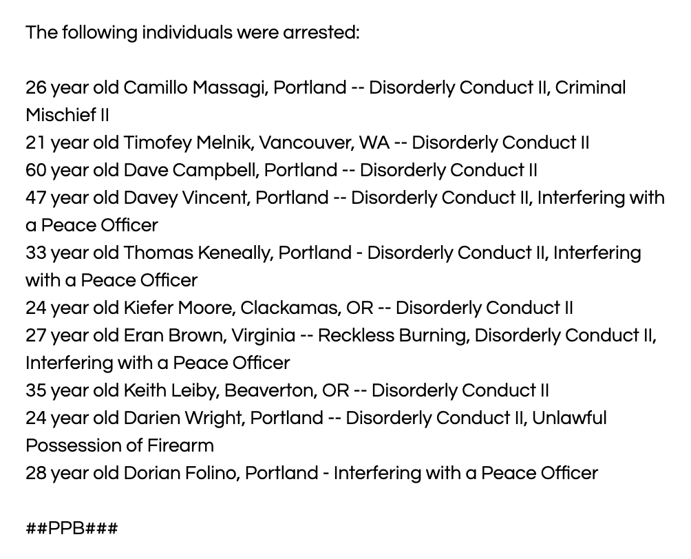 Portland police say they made 10 arrests tonight.  https://www.nytimes.com/2020/08/30/us/portland-trump-rally-shooting.html