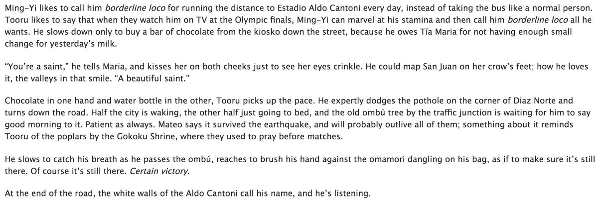 IM GONNA PAUSE AND TAKE A LONG SHOWER BECAUSE REACHING THE END OF THSI SECTION MADE ME TEAR UP. everything about this is so good. so serene? almost? how integrated he is with the community but also doesn't forget his own roots. that flashback, trees, and omamori was what ended me