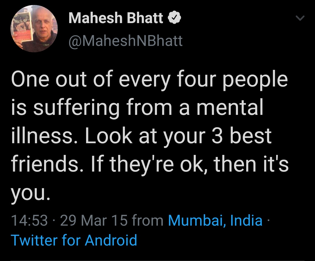 His gyaan about bipolar and suicide by depression have beem there way before Sushant's death..Why did  #RheaChakraborthy choose such a problematic person to deal with the alleged "mental issues" of SSR, ifever they existed ? @shwetasinghkirt  @vikirti  @withoutthemind