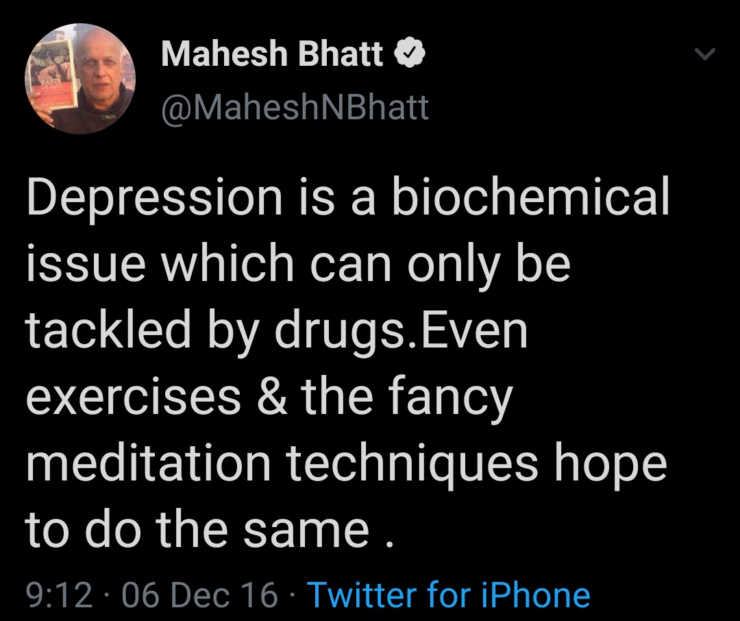 Like  @KanganaTeam said,this person repeats the "black cat in dark room" anecdote lot many timesMoreover its strange who appointed him the universal mental health expertThose deaths were still under investigation while he declared it depression & suicide quicklythread...