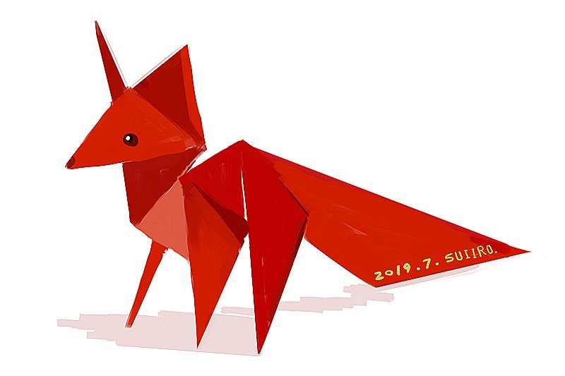 すいいろ プチ展示6月 こちらは さくら狐 コラボの後に描いた ちゃさんの折り紙狐さん 写真１枚目 です