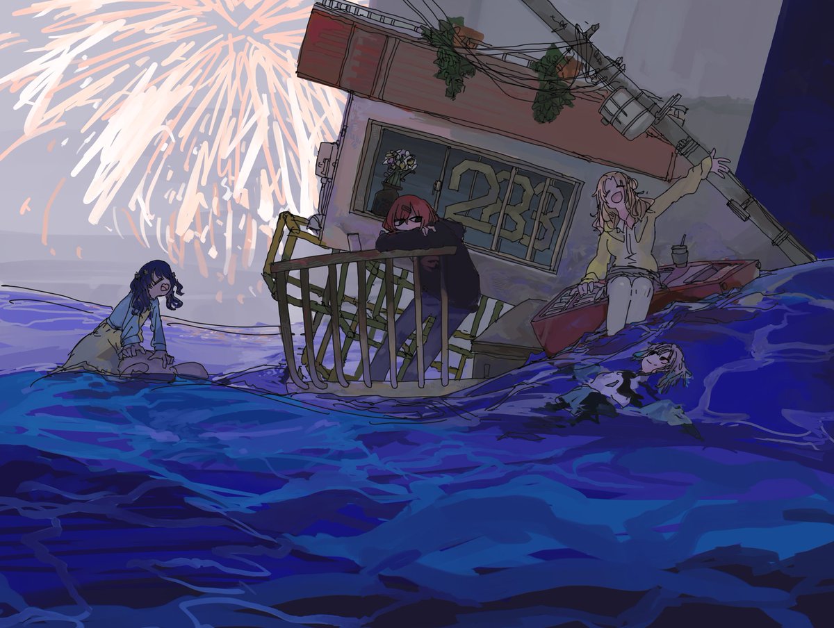 asakura toru ,fukumaru koito ,higuchi madoka ,ichikawa hinana multiple girls 4girls fireworks black hair ocean water outdoors  illustration images