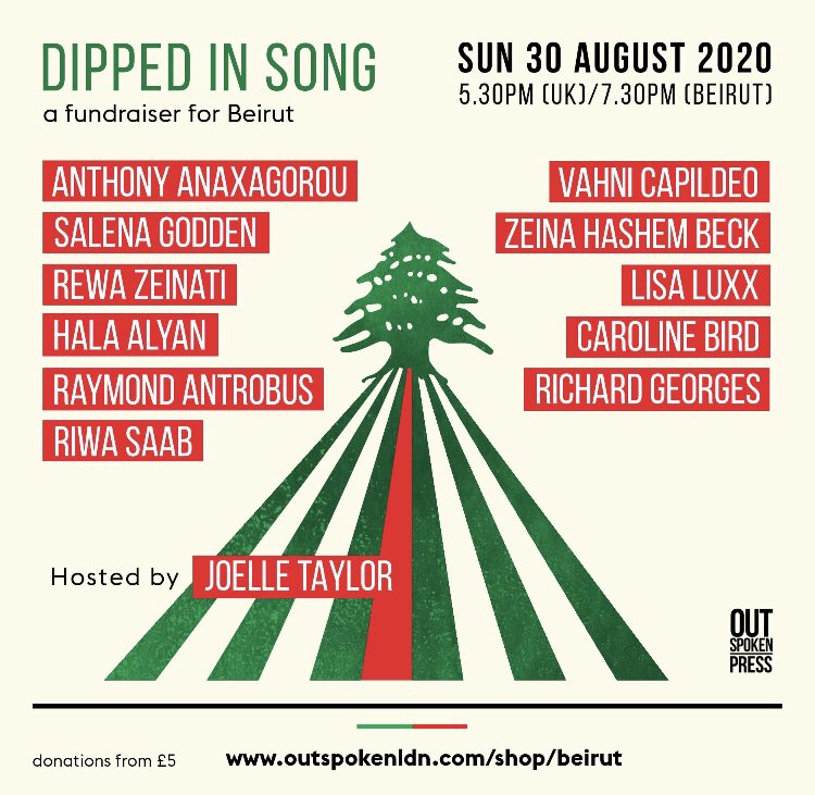 Today at 5.30 I’ll be performing alongside this amazing line-up, raising funds for @EgnaLegnaDWU in Beirut. If you’re strolling past the Internet, come along. @Outspoken_Press Tickets here: bit.ly/3hnpROT