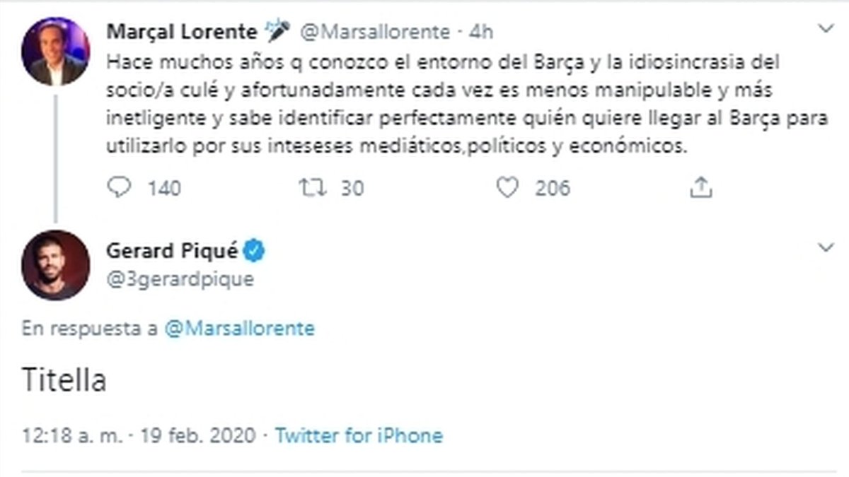 February 18th, 2020: Pique rubbishes the agenda-based comments of Marçal Lorente, a right-hand man of President Bartomeu & a famous journalist, by calling him "titella" (Catalan of "puppet).