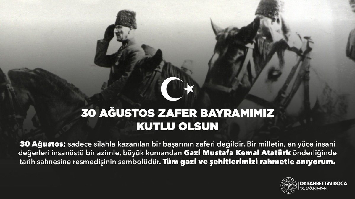 30 Ağustos; sadece silahla kazanılan bir başarının zaferi değildir. Bir milletin, en yüce insani değerleri insanüstü bir azimle, büyük kumandan Gazi Mustafa Kemal Atatürk önderliğinde tarih sahnesine resmedişinin sembolüdür. Tüm gazi ve şehitlerimizi rahmetle anıyorum.